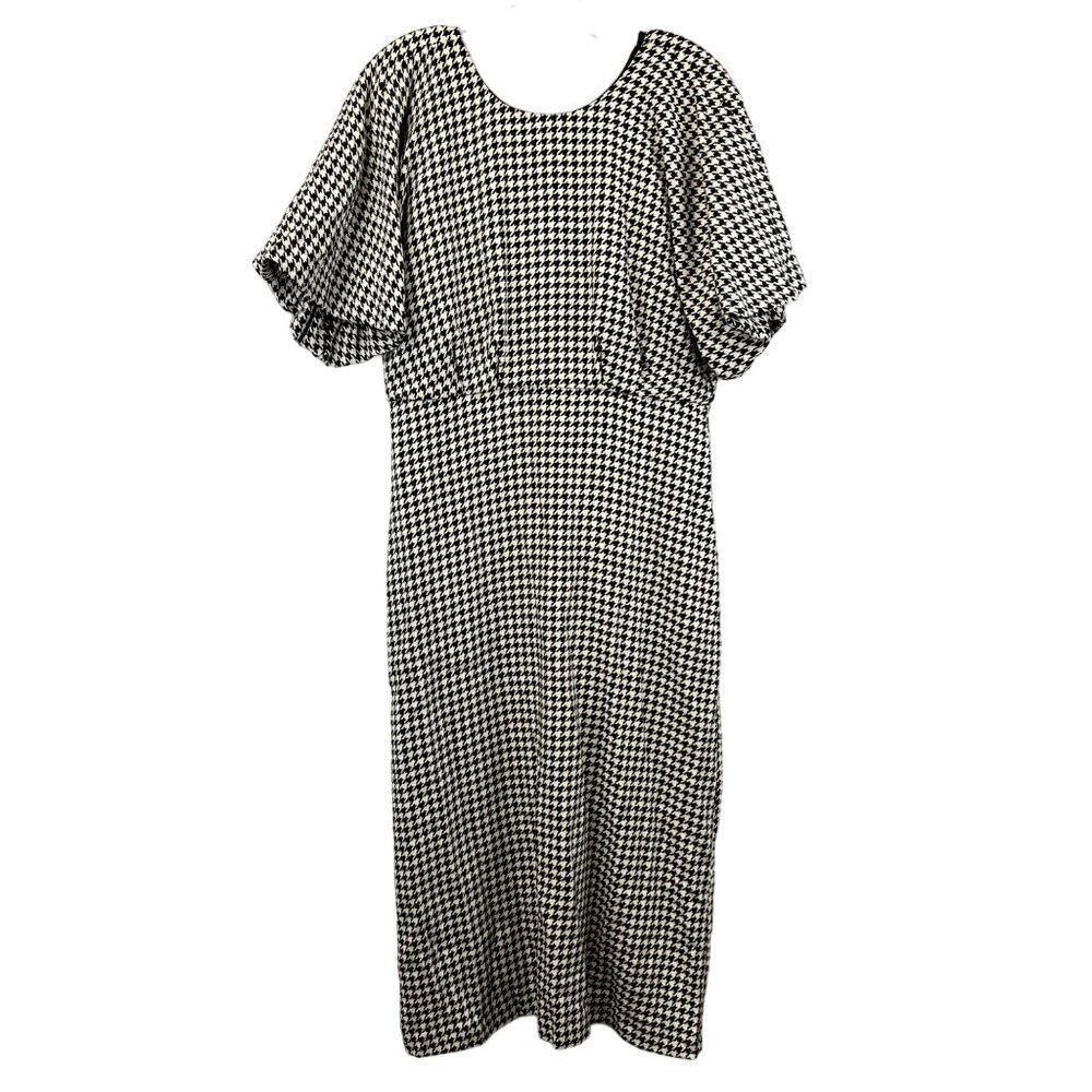 Zara Women’s Black/White Houndstooth Midi Short Balloon Sleeve Dress L Zip